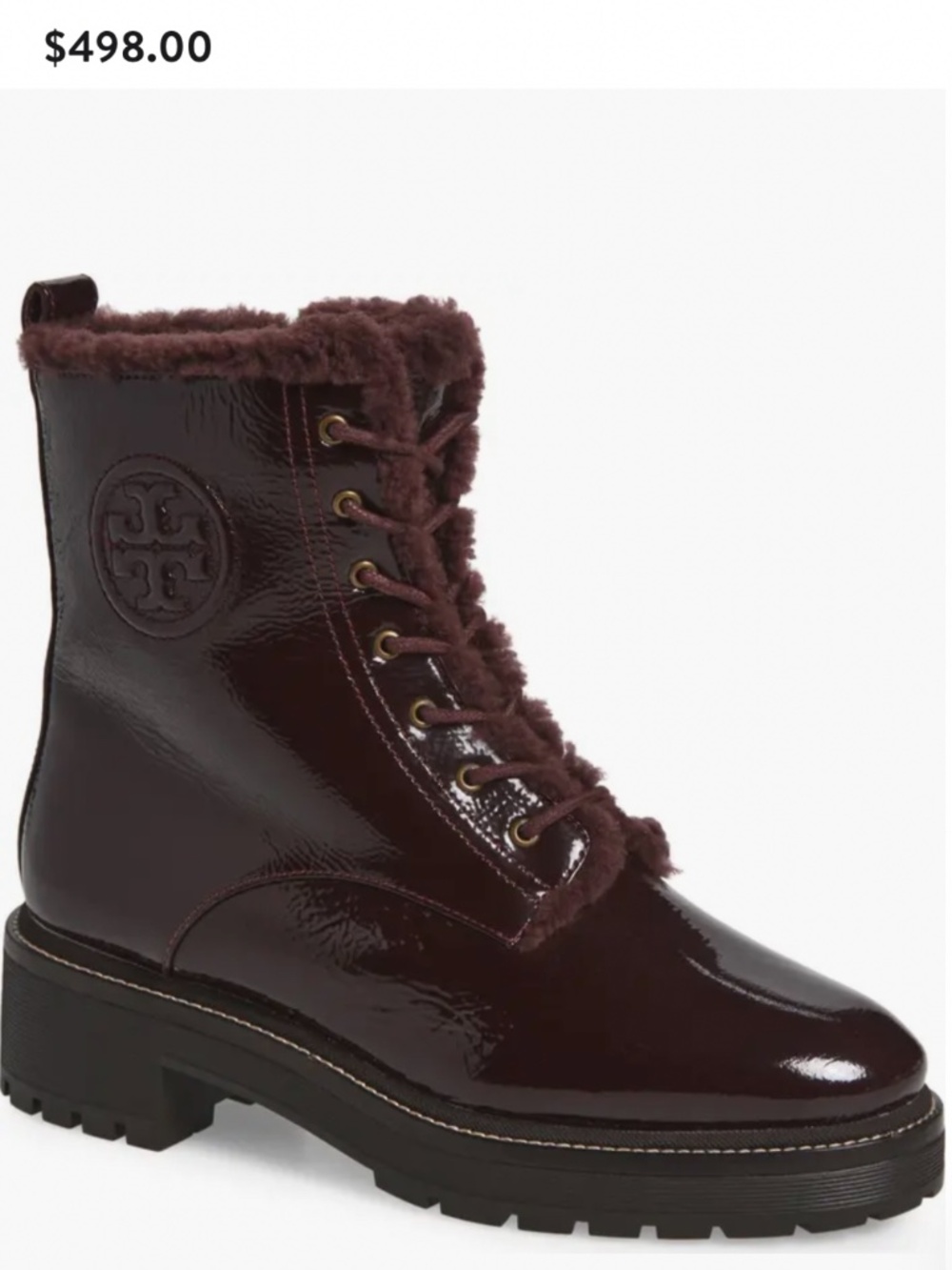 Tory Burch burgundy patent leather boots